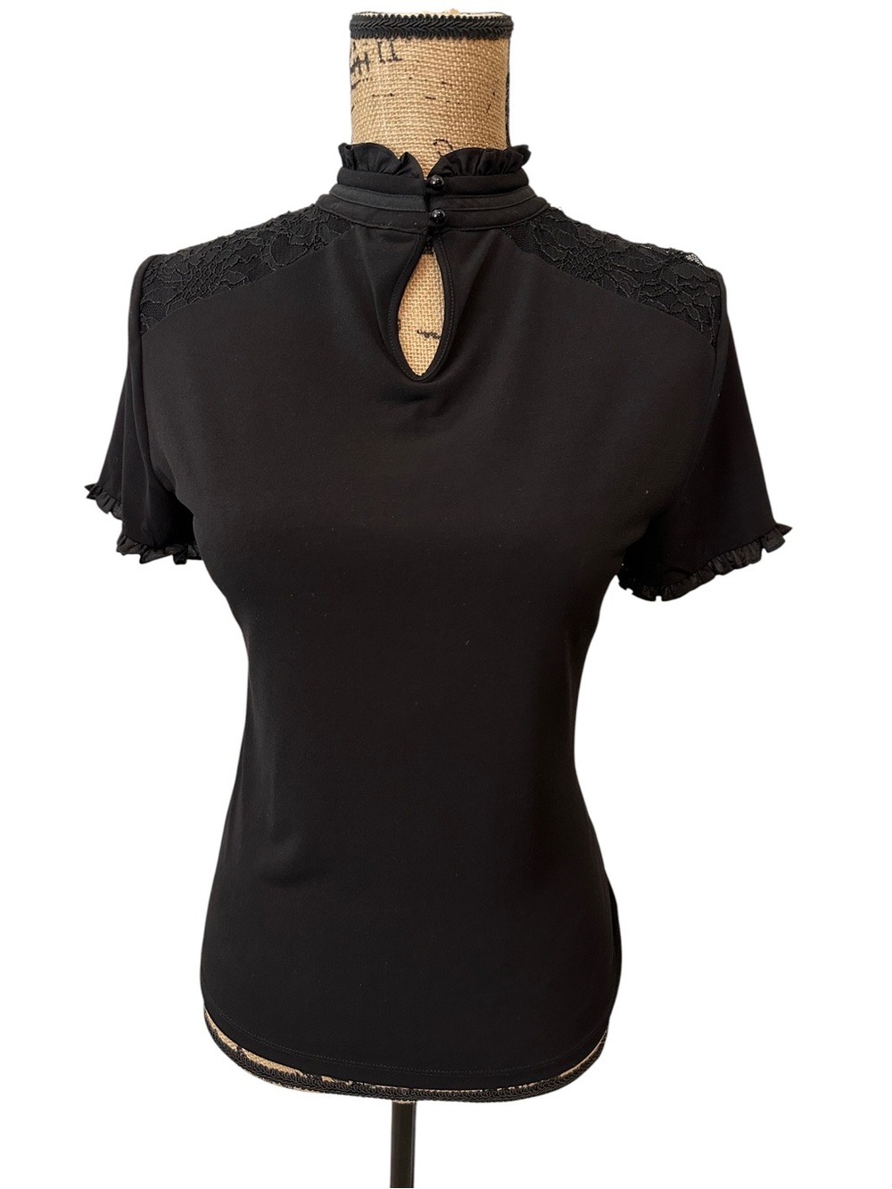 Karl Lagerfeld Black Lace-Trim Mock Neck Top